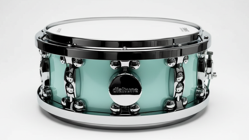 A Dialtune snare drum with a maple shell in sea foam color, featuring metal lugs and a clear drum head.